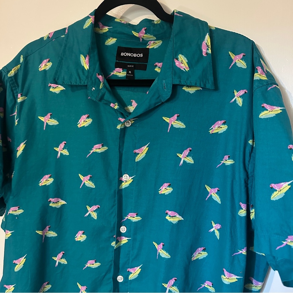 Bonobos Hawaiian XL Shirt Bird of Paradise Blue‎ Floral Slim Fit Sz L